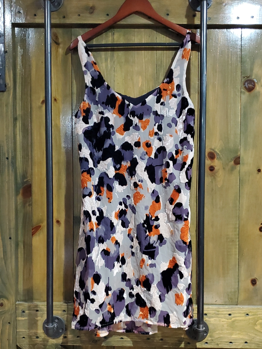 CAbi Abstract Slip Dress in White, Purple & Orange Eclectic Maximalism, Artsy